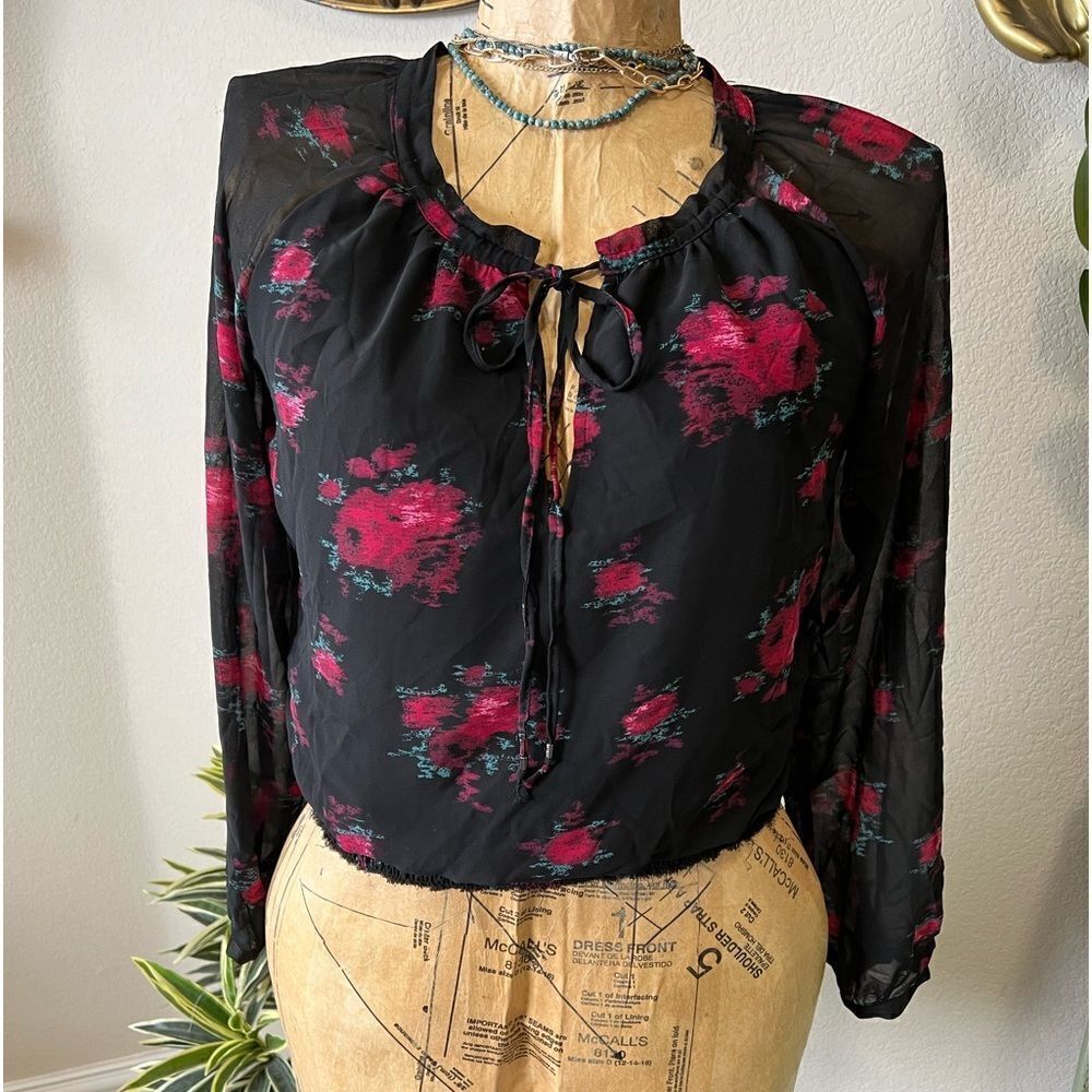 Sam Edelman Black Red Rose Floral Peasant Blouse Elastic Waist Sz XS